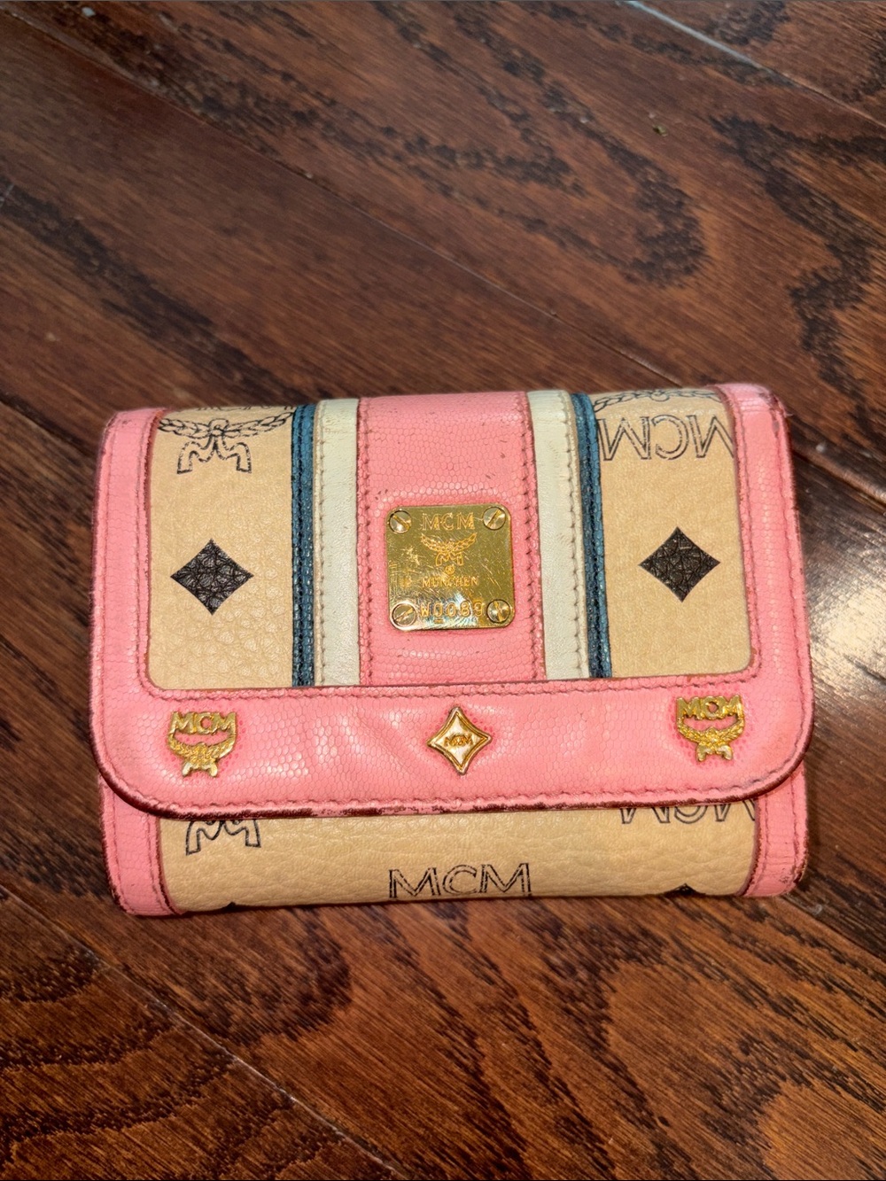 MCM Pink and Beige Logo Compact Trifold Wallet